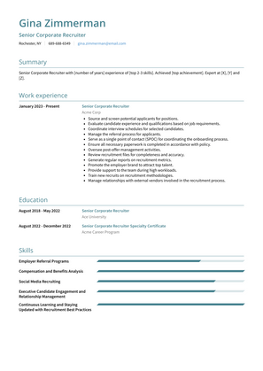 Senior Corporate Recruiter Resume Sample and Template