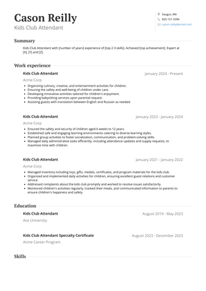 Kids Club Attendant Resume Sample and Template