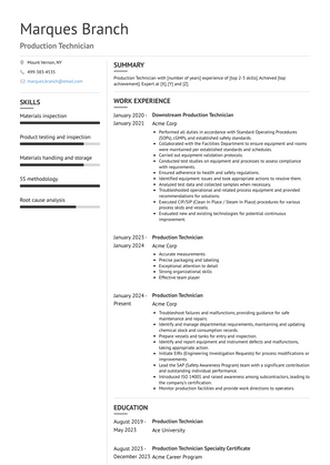 Production Technician Resume Sample and Template