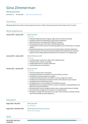Billing Specialist Resume Sample and Template