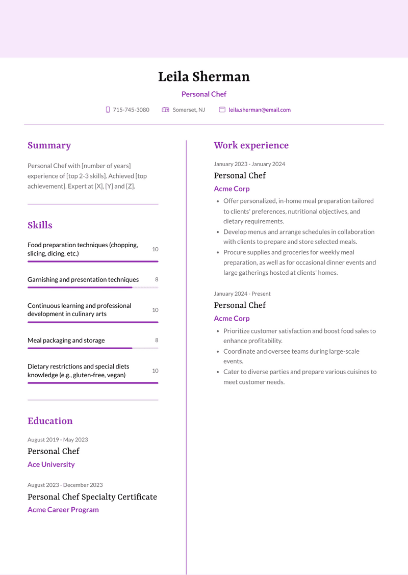 Personal Chef Resume Sample and Template