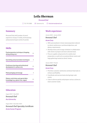 Personal Chef Resume Sample and Template