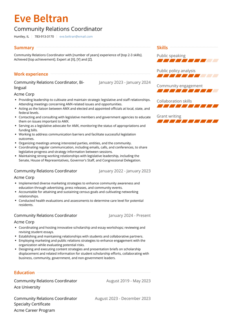Community Relations Coordinator Resume Sample and Template
