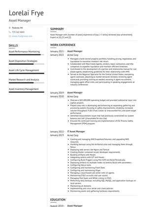 Asset Manager Resume Sample and Template