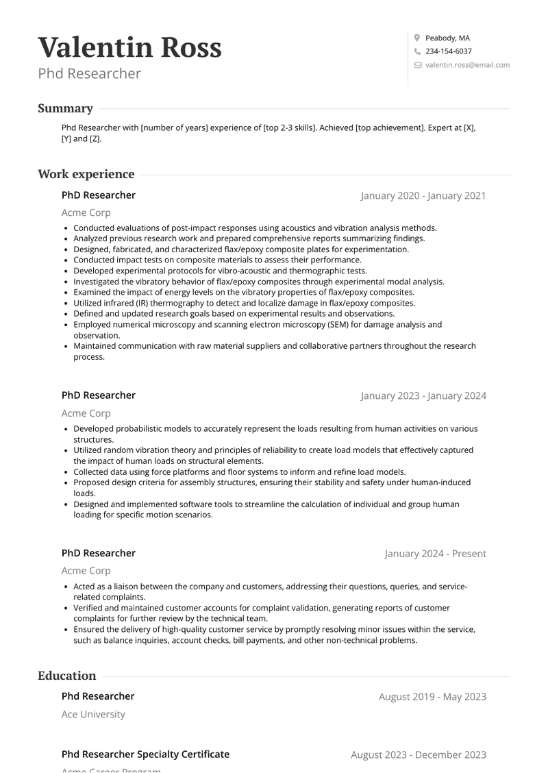 Phd Researcher Resume Sample and Template