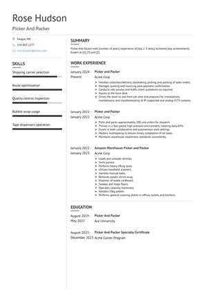 Picker And Packer Resume Sample and Template