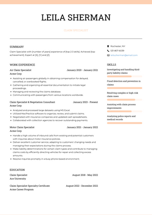 Claim Specialist Resume Sample and Template