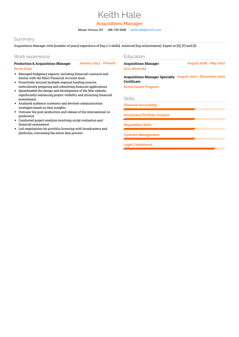 Acquisitions Manager Resume Sample and Template