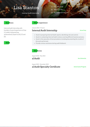 Internal Audit Internship Resume Sample and Template