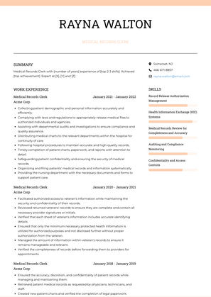 Medical Records Clerk Resume Sample and Template