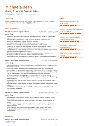 Quality Assurance Representative Resume Sample and Template