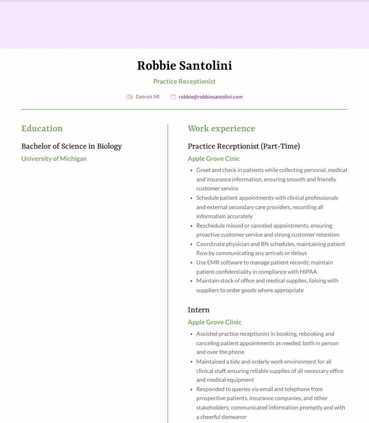 Practice Receptionist Resume Example