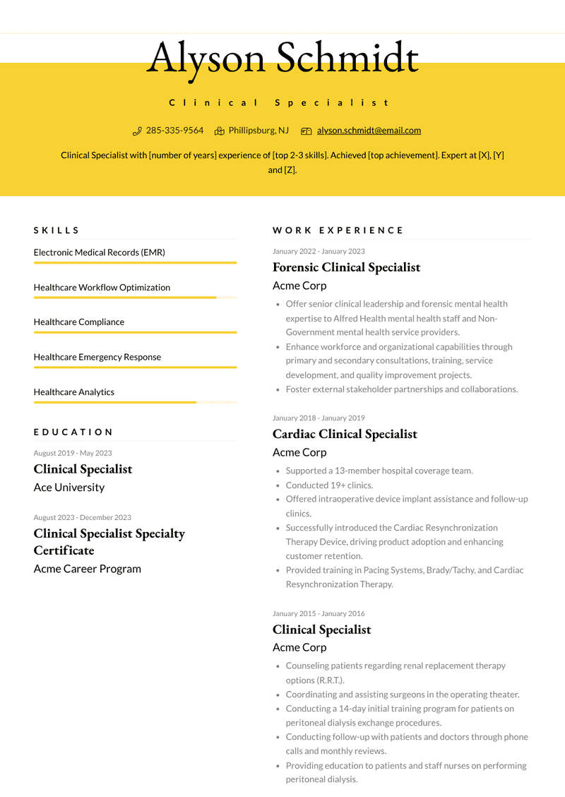 Clinical Specialist Resume Sample and Template