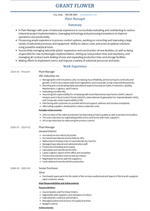 Plant Manager Resume Sample and Template