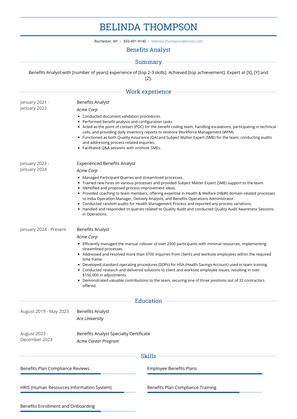 Benefits Analyst Resume Sample and Template