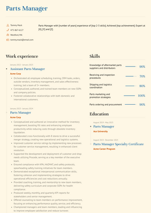 Parts Manager Resume Sample and Template
