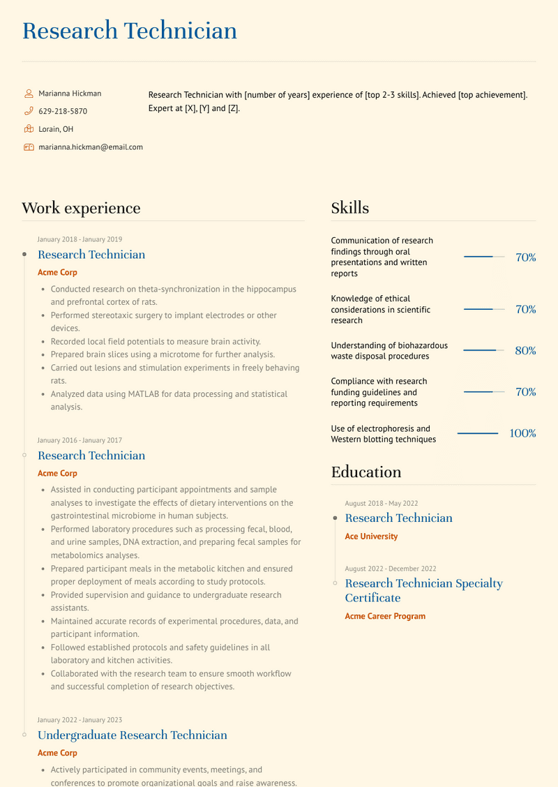Research Technician Resume Sample and Template