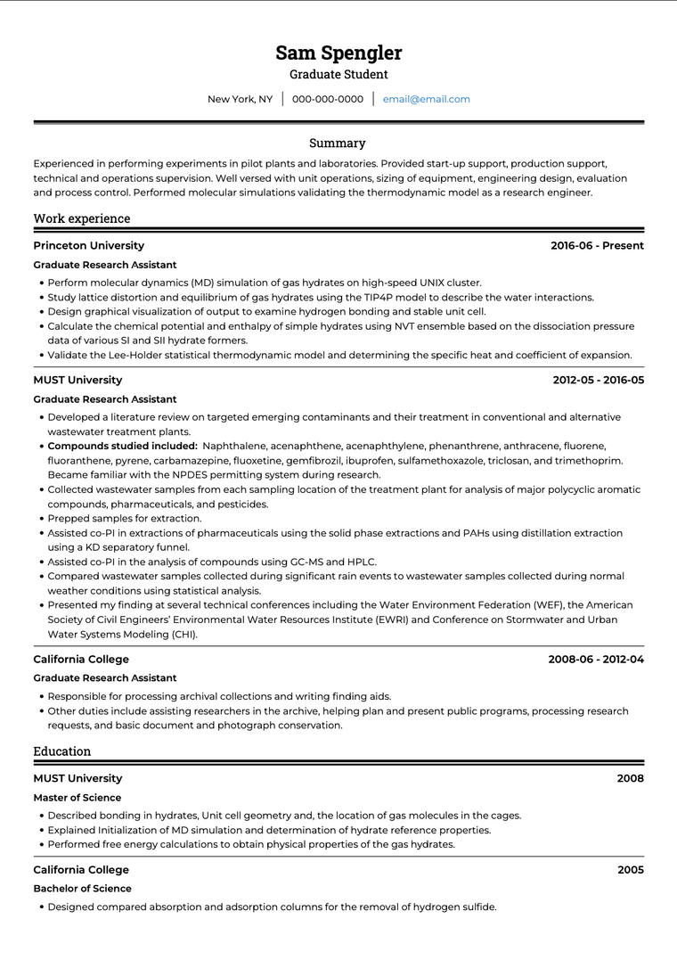 Grad student cv example