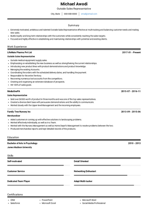 Outside Sales Representative Resume Sample and Template