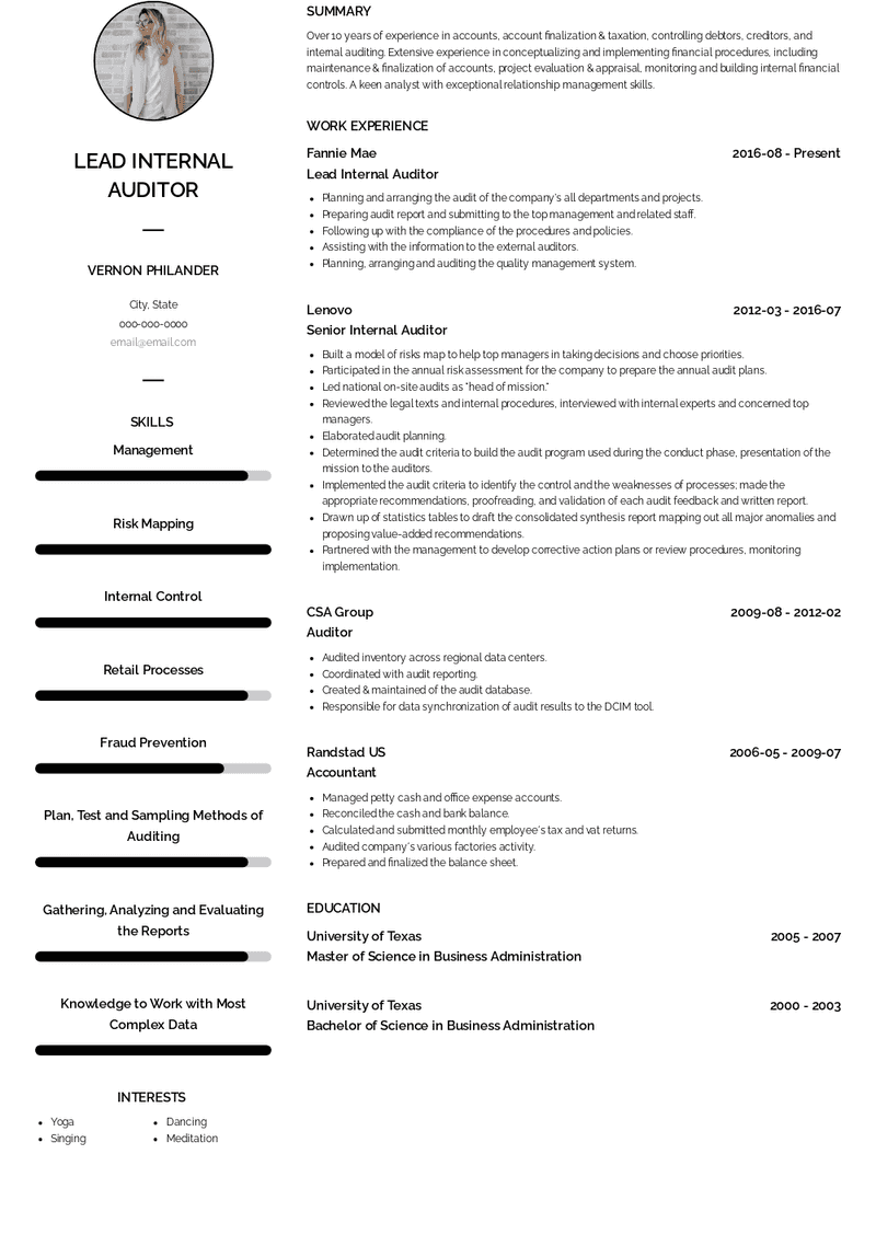 Lead Internal Auditor Resume Sample and Template