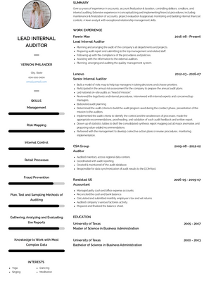 Lead Internal Auditor Resume Sample and Template