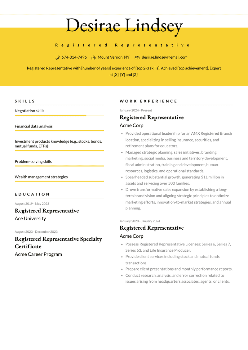 Registered Representative Resume Sample and Template