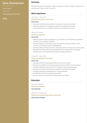 Writing Consultant Resume Sample and Template