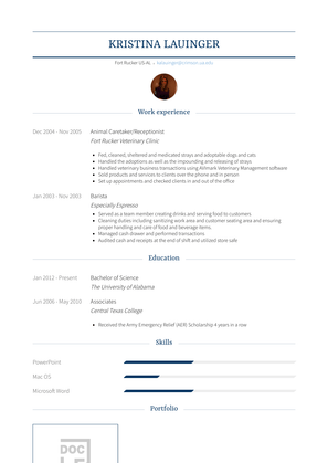 Animal Caretaker/Receptionist Resume Sample and Template