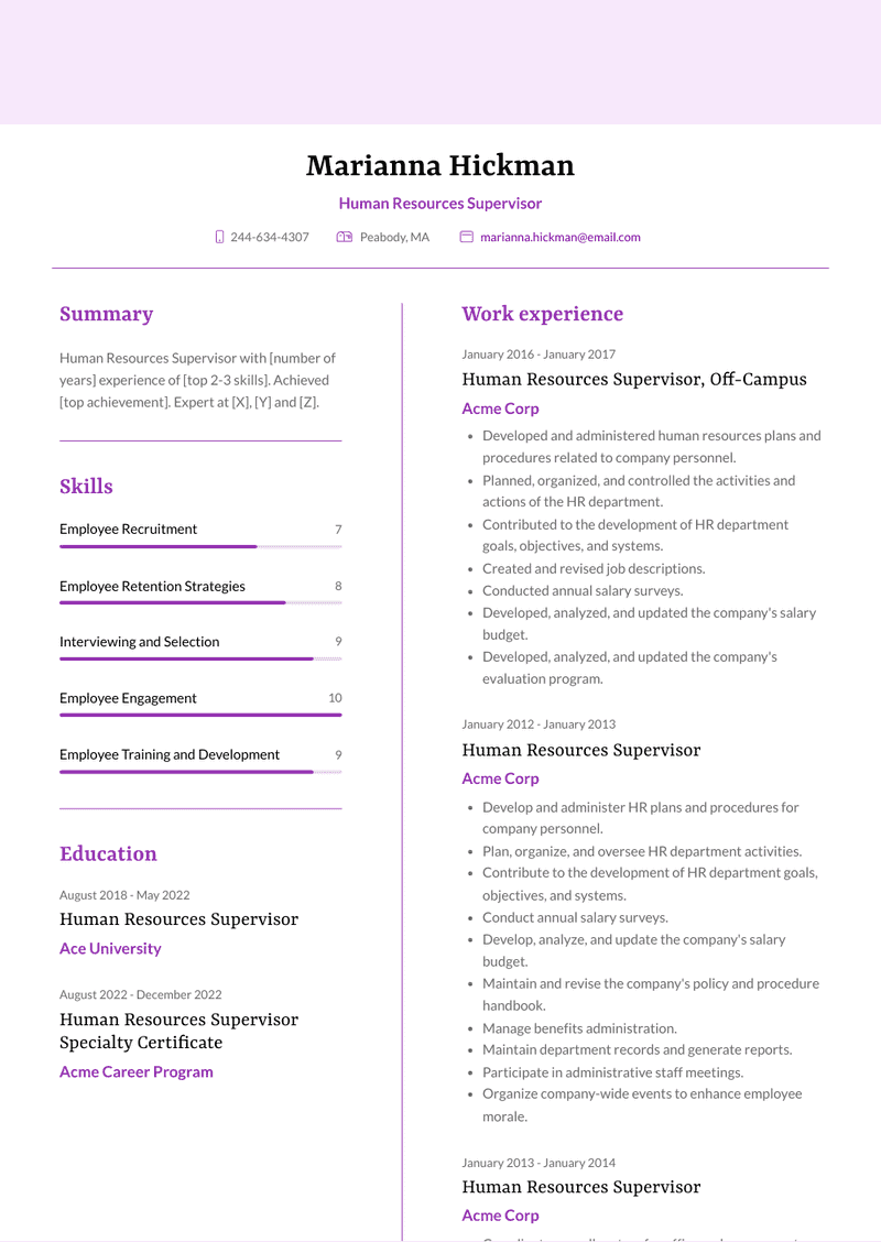 Human Resources Supervisor Resume Sample and Template