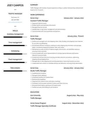 Traffic Manager Resume Sample and Template