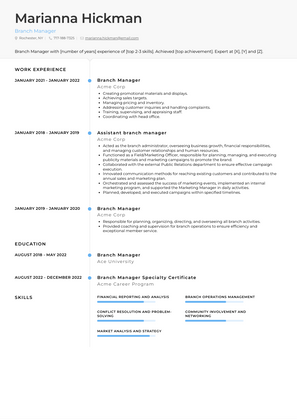 Branch Manager Resume Sample and Template