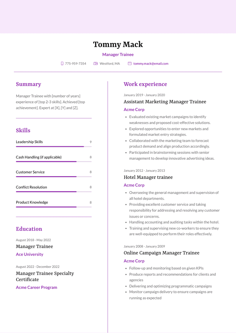 Manager Trainee Resume Sample and Template