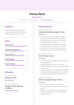 Manager Trainee Resume Sample and Template