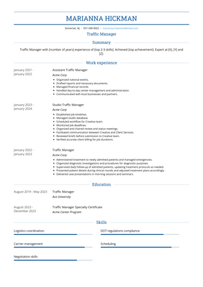 Traffic Manager Resume Sample and Template