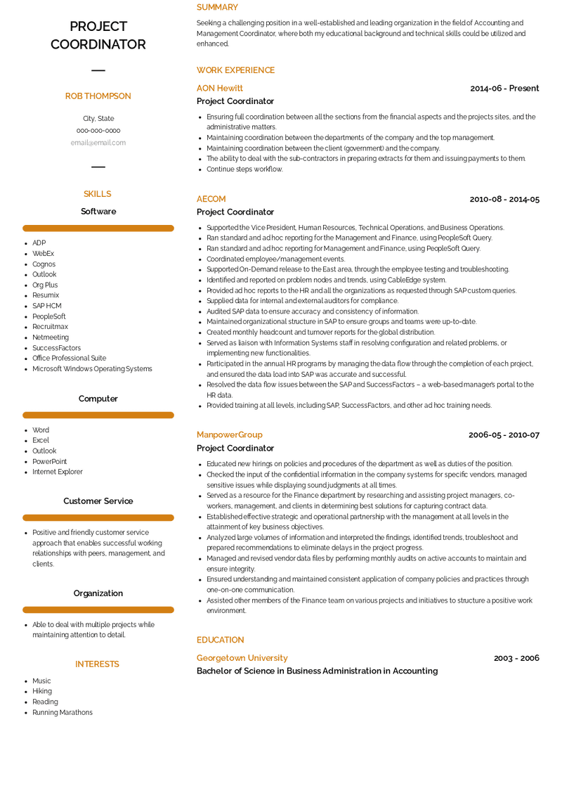 Project Coordinator Resume Sample and Template