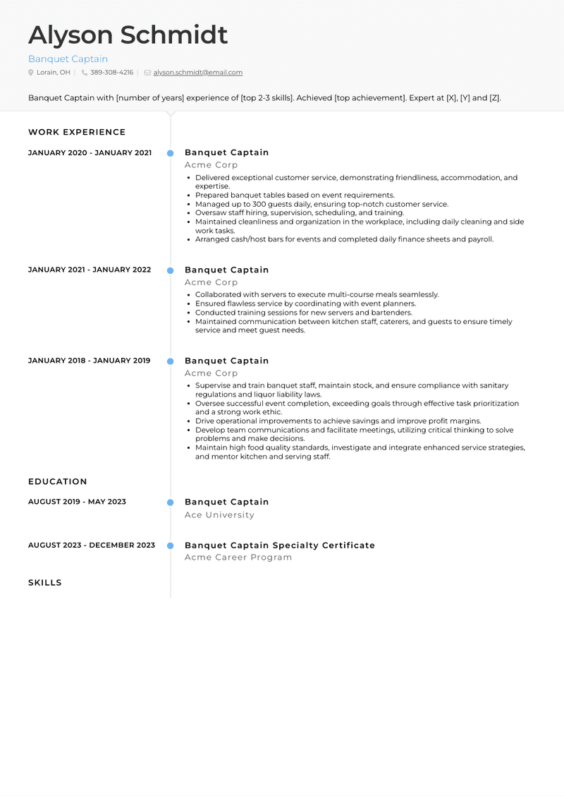 Banquet Captain Resume Sample and Template