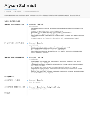 Banquet Captain Resume Sample and Template
