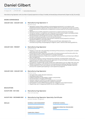 Manufacturing Operator Resume Sample and Template
