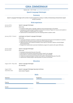 Speech Language Pathologist Resume Sample and Template