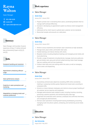 Salon Manager Resume Sample and Template