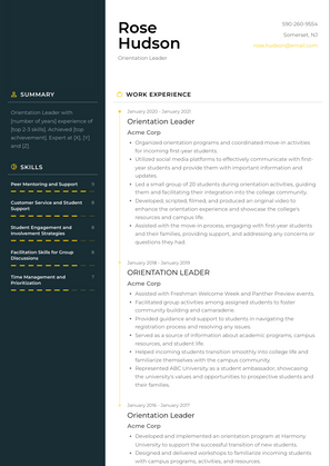 Orientation Leader Resume Sample and Template