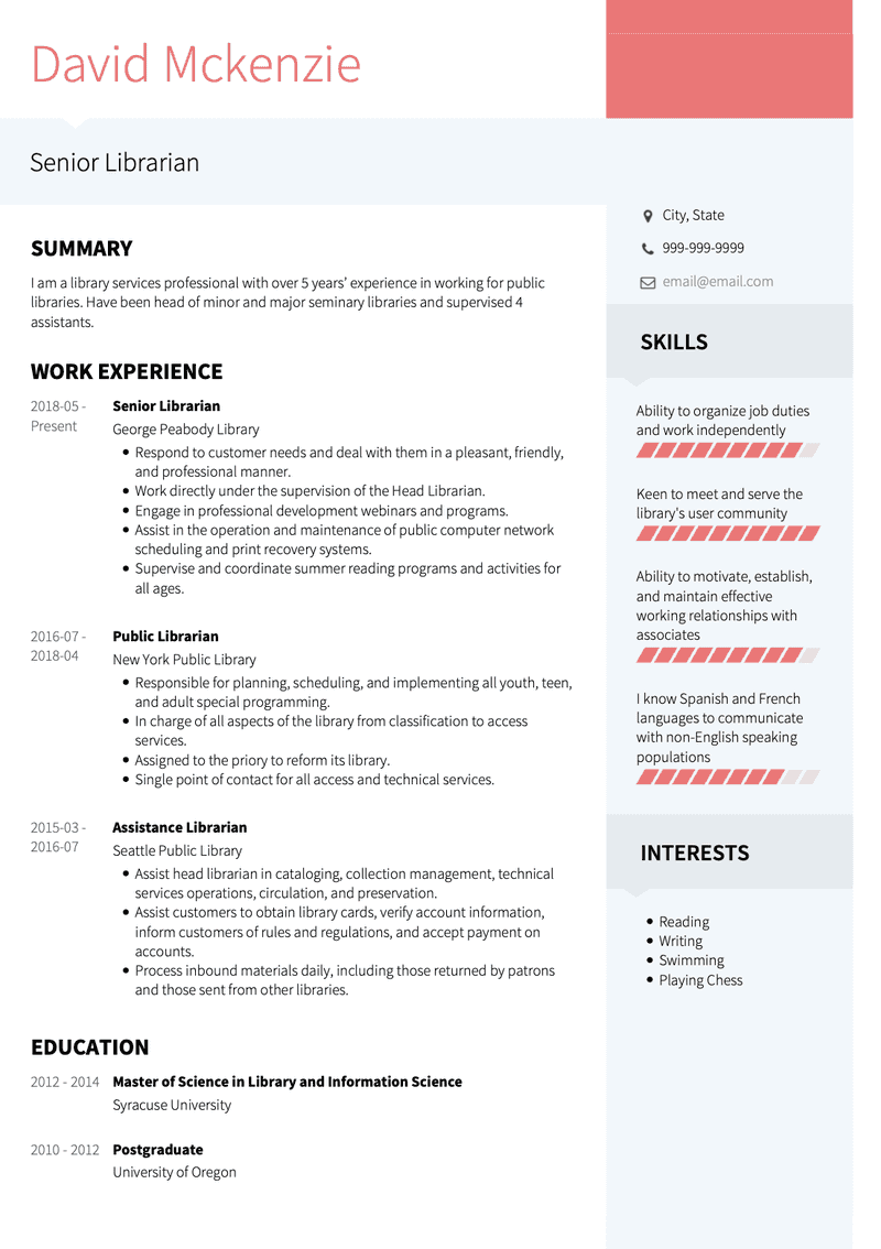 Senior Librarian CV Example and Template