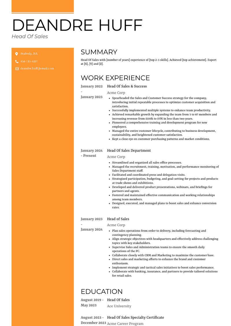 Head Of Sales Resume Sample and Template