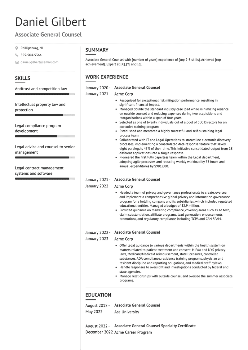 Associate General Counsel Resume Sample and Template