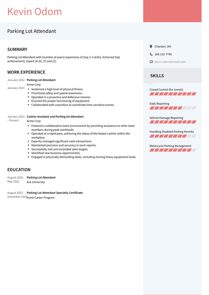Parking Lot Attendant Resume Sample and Template