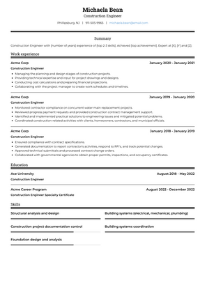 Construction Engineer Resume Sample and Template