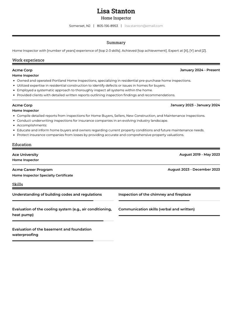 Home Inspector Resume Sample and Template