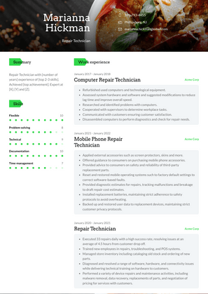 Repair Technician Resume Sample and Template