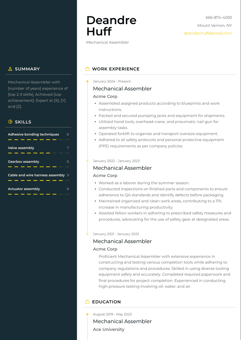 Mechanical Assembler Resume Sample and Template