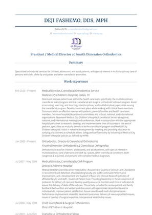 Medical Director, Craniofacial Orthodontics Service Resume Sample and Template